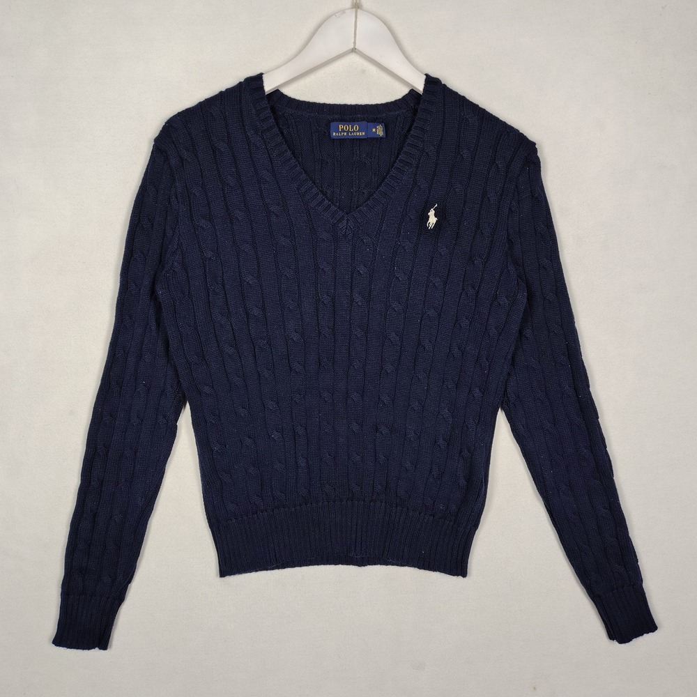 Polo Ralph Lauren Navy Blue Cable Knit V-Neck Pullover Sweater Size M